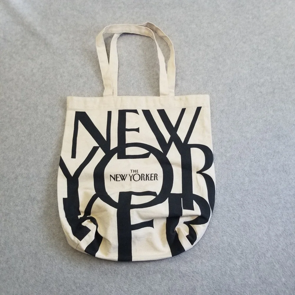 The New Yorker Tote Bag Canvas Print White Black Logo Shopper Open Top Reusable